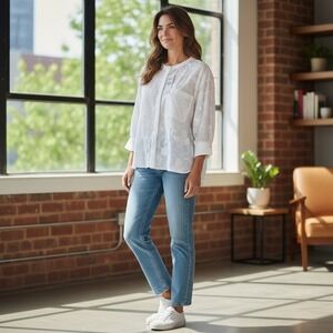 Boho white button-front embroidered cotton blouse XL Women's Long Sleeve A-005